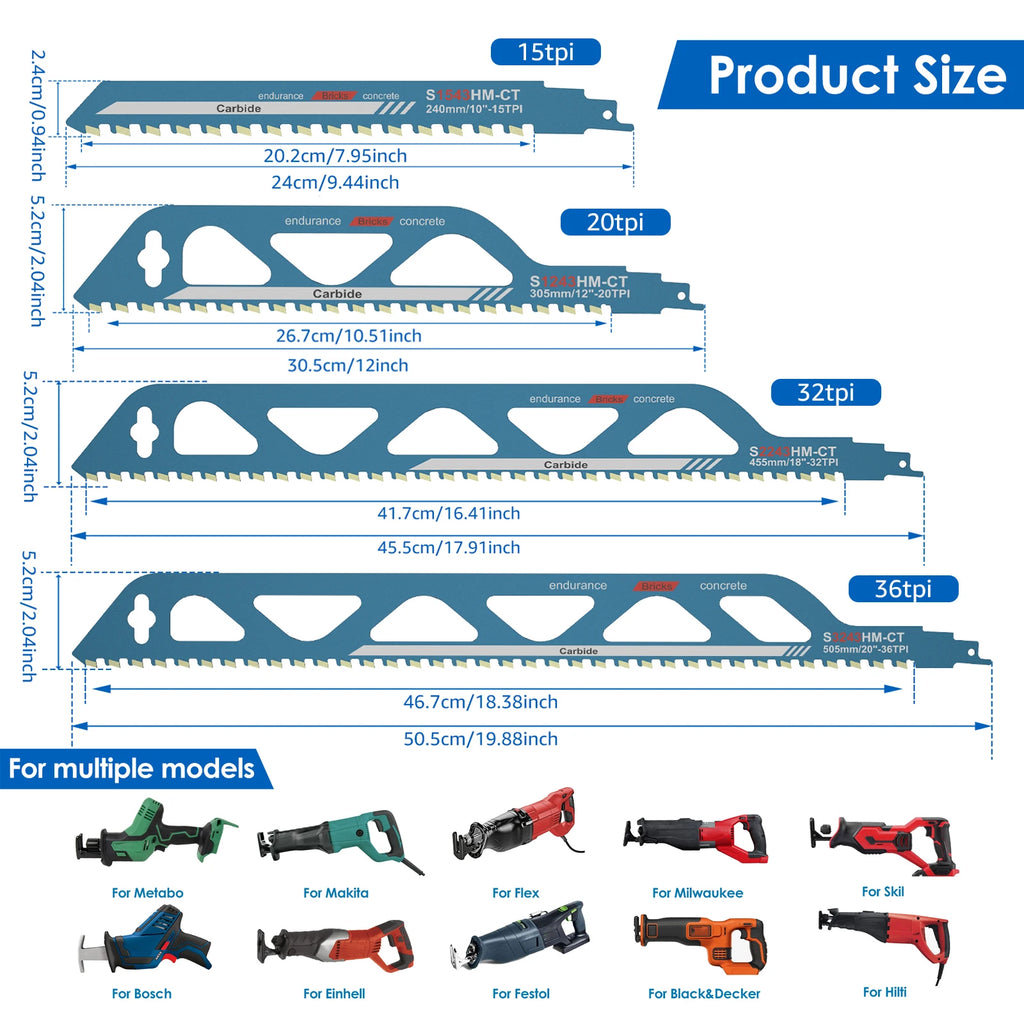 Reciprocating Saw Blade 10/12/18/20in Universal Recip Sabre Saw Blade Masonry Cutting Blade