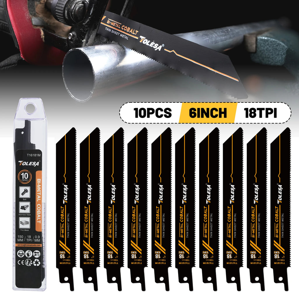 TOLESA 10PCS Bi-Metal Sawzall Blades Metal Cutting 150mm/225mm 18TPI Reciprocating Saw Blades with Cobalt for Metal Fine Cutting