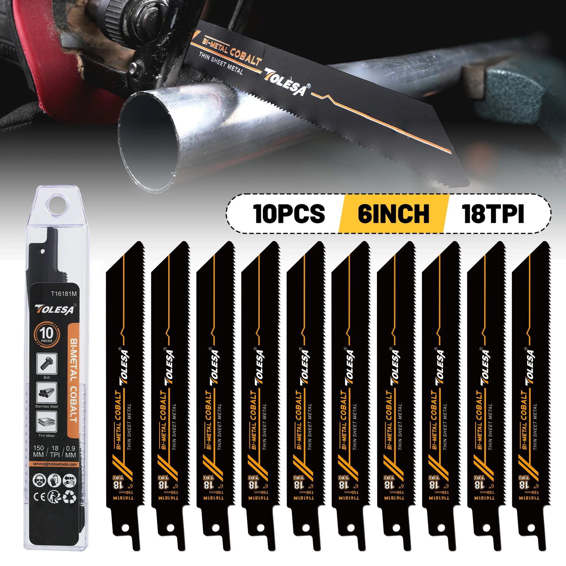 TOLESA 10PCS Bi-Metal Sawzall Blades Metal Cutting 150mm/225mm 18TPI Reciprocating Saw Blades with Cobalt for Metal Fine Cutting