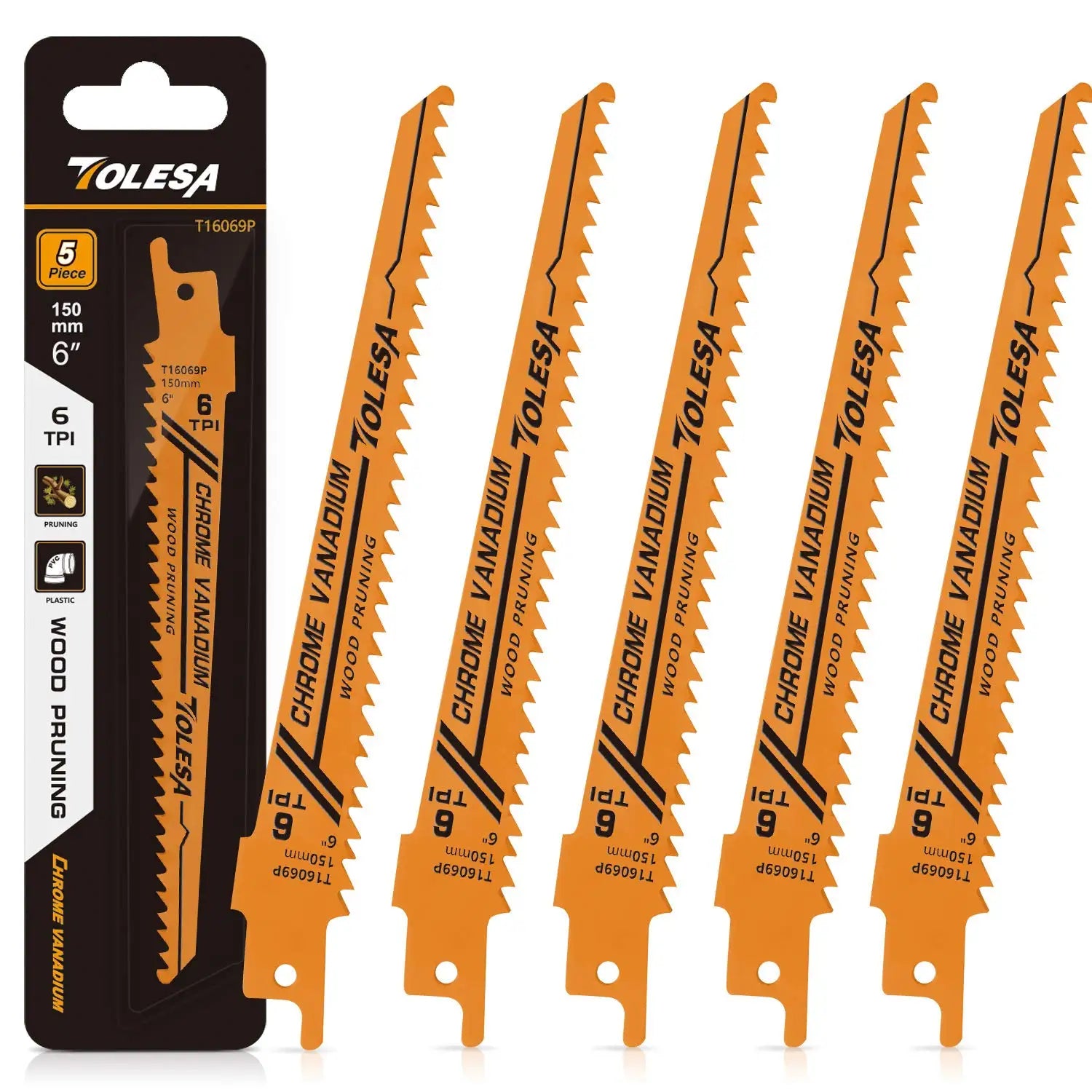TOLESA 5PCS 5/6TPI Wood Pruning Reciprocating Saw Blades for Wood and PVC Pipe