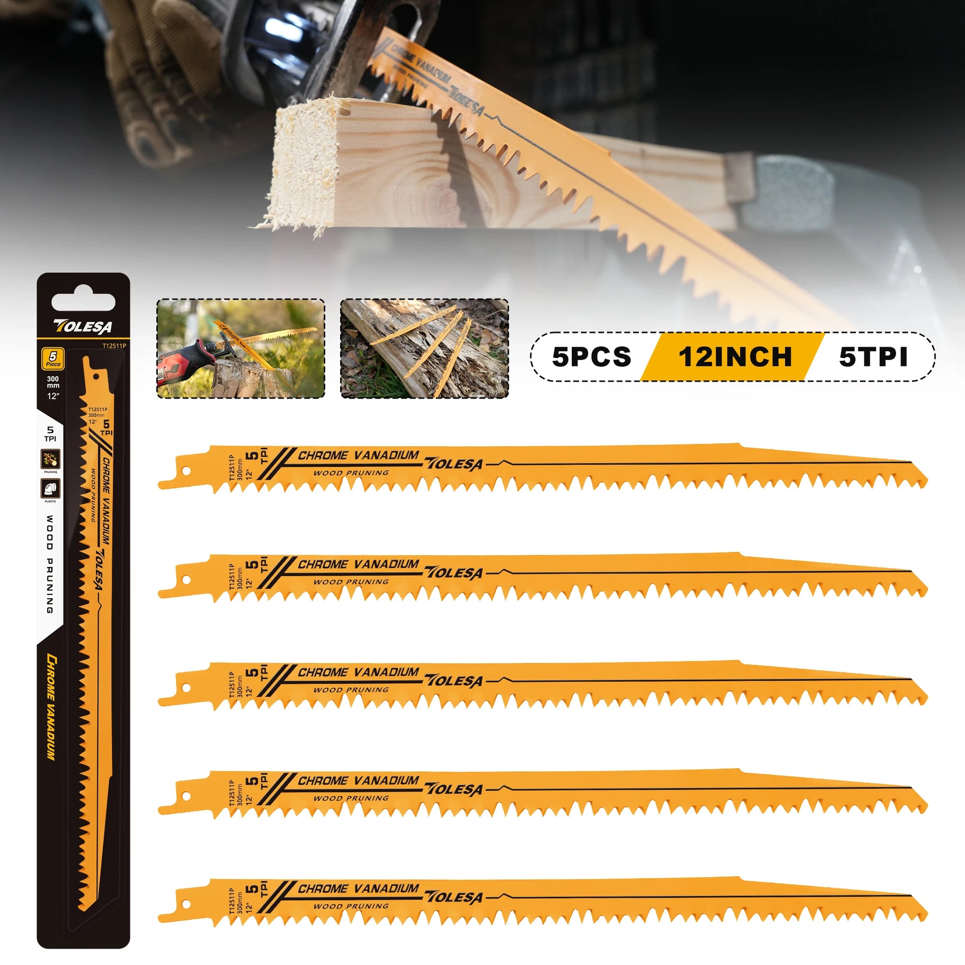 TOLESA 5PCS 5/6TPI Wood Pruning Reciprocating Saw Blades for Wood and PVC Pipe