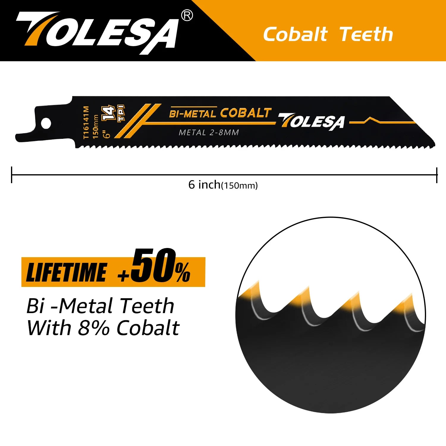 TOLESA 5PCS 6in Heavy Metal Cutting Reciprocating Saw Blades 14TPI Cast-Iron Bi-Metal Sabre Saw Blades for Metal Pipe, Rebar