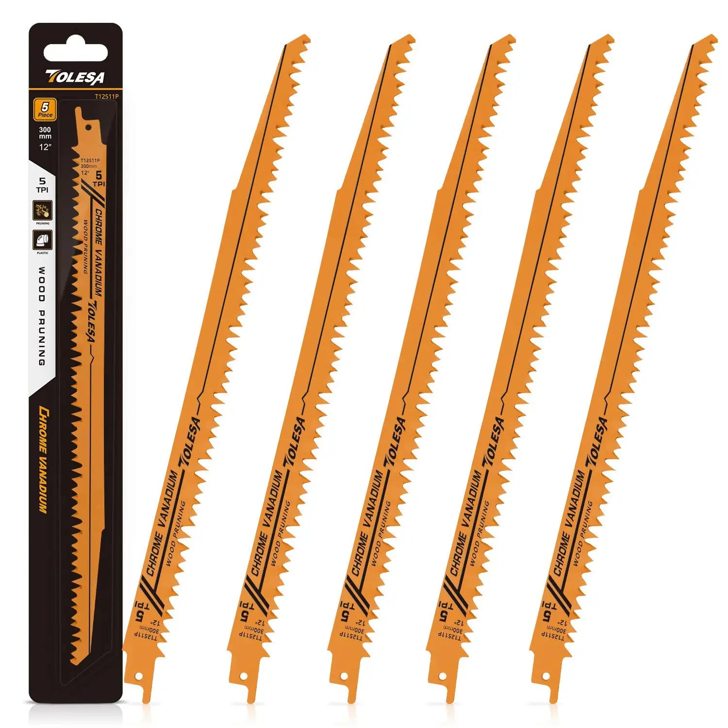 TOLESA 5PCS 5/6TPI Wood Pruning Reciprocating Saw Blades for Wood and PVC Pipe