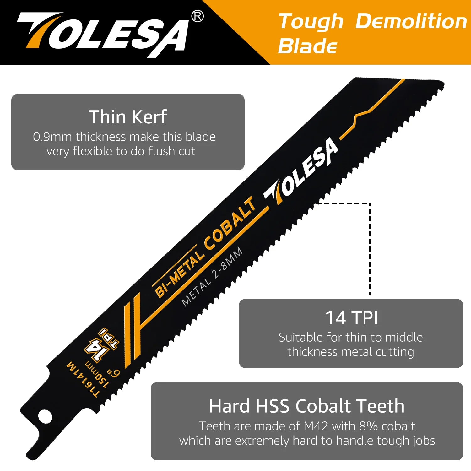 TOLESA 5PCS 6in Heavy Metal Cutting Reciprocating Saw Blades 14TPI Cast-Iron Bi-Metal Sabre Saw Blades for Metal Pipe, Rebar