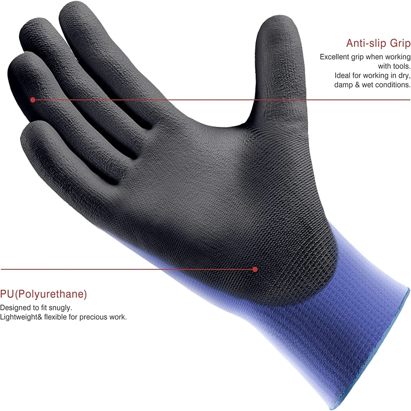 Ultra-Thin PU coated work gloves. 12pairs size Large